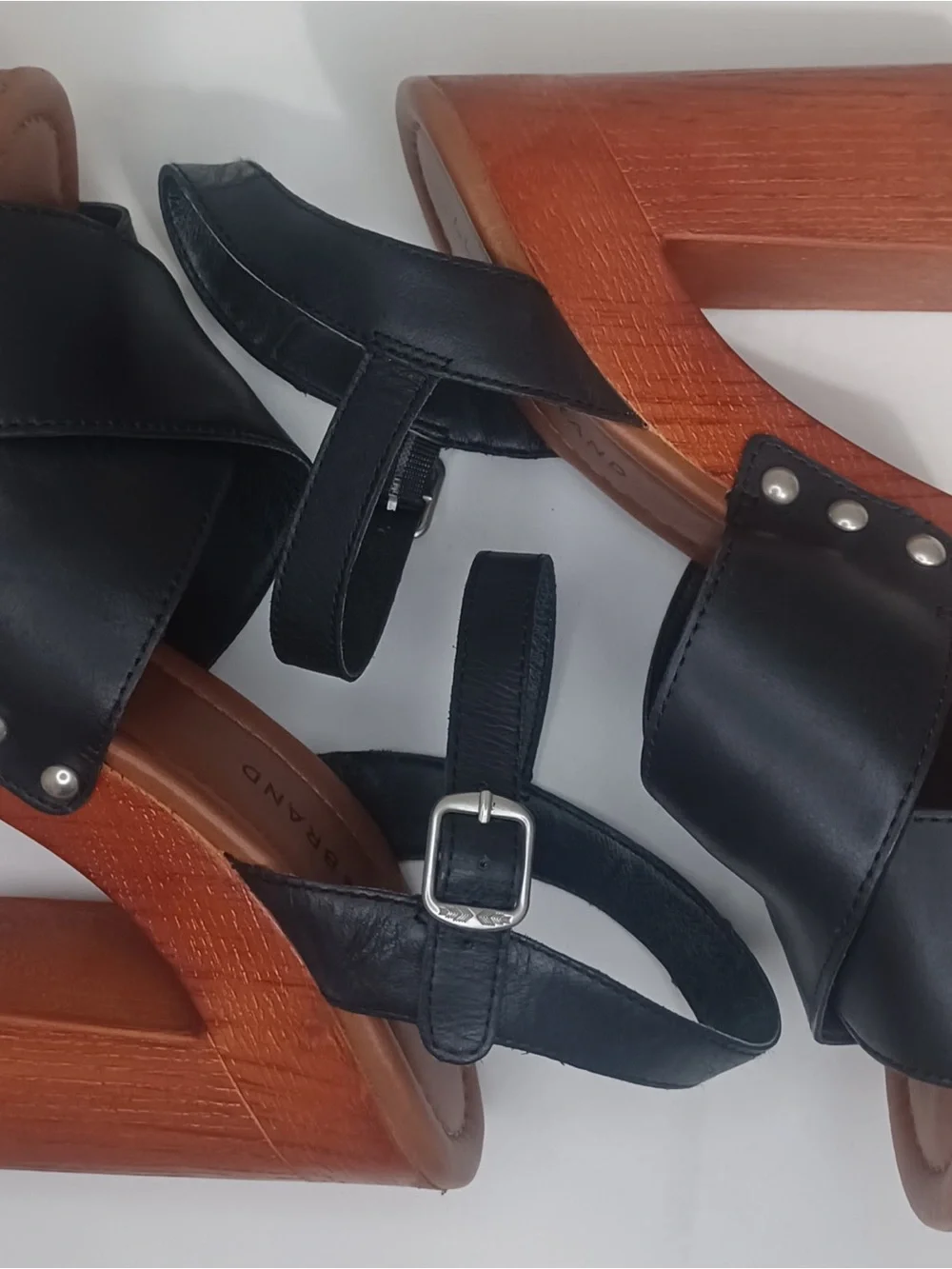 Lucky Brand Black Leather Platform Sandals with Wood Block Heel